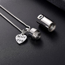 Load image into Gallery viewer, "Miss You" Silver Cylinder Cremation Urn Necklace