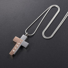 Load image into Gallery viewer, Modern Style Two Tone Cross Cremation Urn Necklace With Gem Rhinestones