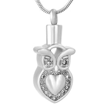 Load image into Gallery viewer, Owl Heart Cremation Urn Necklace With Rhinestones