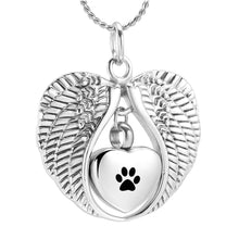 Load image into Gallery viewer, Silver Angel Wings Heart Paw Print Cremation Urn Necklace