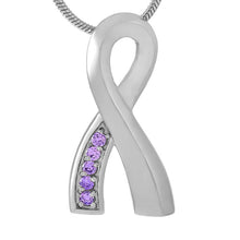 Load image into Gallery viewer, Silver Cancer Ribbon With Lavender Rhinestone Cremation Urn Necklace