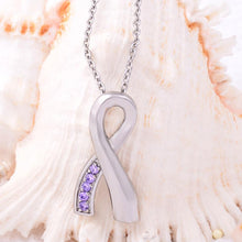 Load image into Gallery viewer, Silver Cancer Ribbon With Lavender Rhinestone Cremation Urn Necklace