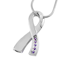 Load image into Gallery viewer, Silver Cancer Ribbon With Lavender Rhinestone Cremation Urn Necklace