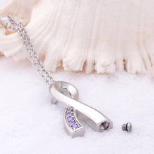 Load image into Gallery viewer, Silver Cancer Ribbon With Lavender Rhinestone Cremation Urn Necklace