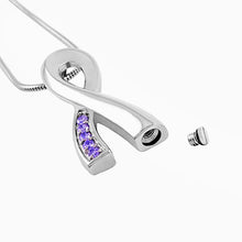 Load image into Gallery viewer, Silver Cancer Ribbon With Lavender Rhinestone Cremation Urn Necklace