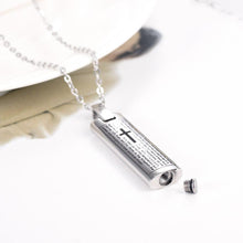 Load image into Gallery viewer, Silver Cremation Urn Necklace Etched With The Lord's Prayer &amp; Cross