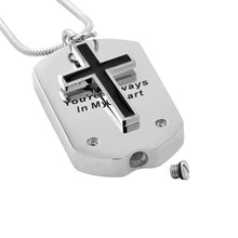 Load image into Gallery viewer, Silver Cross &amp; Dogtag etched "You Are Always In My Heart" Cremation Urn Necklace