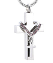 Load image into Gallery viewer, Silver Cross &amp; Rhinestone Rosary Cremation Urn Necklace