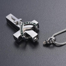 Load image into Gallery viewer, Silver Cross &amp; Rhinestone Rosary Cremation Urn Necklace