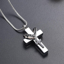 Load image into Gallery viewer, Silver Cross &amp; Rhinestone Rosary Cremation Urn Necklace
