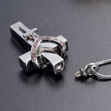 Load image into Gallery viewer, Silver Cross &amp; Rhinestone Rosary Cremation Urn Necklace