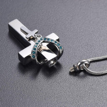 Load image into Gallery viewer, Silver Cross &amp; Rhinestone Rosary Cremation Urn Necklace