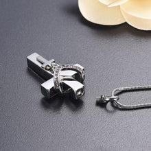 Load image into Gallery viewer, Silver Cross &amp; Rhinestone Rosary Cremation Urn Necklace