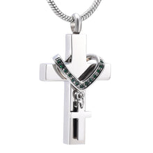 Load image into Gallery viewer, Silver Cross &amp; Rhinestone Rosary Cremation Urn Necklace
