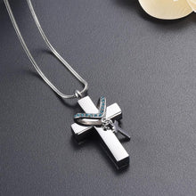 Load image into Gallery viewer, Silver Cross &amp; Rhinestone Rosary Cremation Urn Necklace