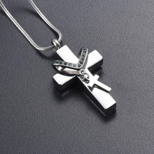 Load image into Gallery viewer, Silver Cross &amp; Rhinestone Rosary Cremation Urn Necklace