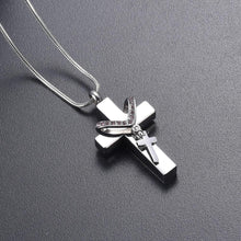 Load image into Gallery viewer, Silver Cross &amp; Rhinestone Rosary Cremation Urn Necklace