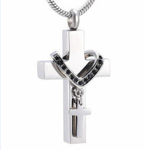 Load image into Gallery viewer, Silver Cross &amp; Rhinestone Rosary Cremation Urn Necklace