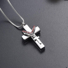 Load image into Gallery viewer, Silver Cross &amp; Rhinestone Rosary Cremation Urn Necklace