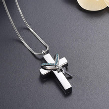 Load image into Gallery viewer, Silver Cross &amp; Rhinestone Rosary Cremation Urn Necklace