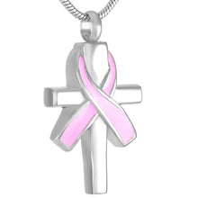 Load image into Gallery viewer, Silver Cross &amp; Cancer Ribbon Cremation Urn Necklace