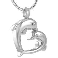 Load image into Gallery viewer, Silver Dolphin Heart Shaped Cremation Urn Necklace with Rhinestones