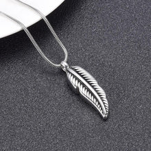 Load image into Gallery viewer, Silver Feather Shaped Cremation Urn Necklace