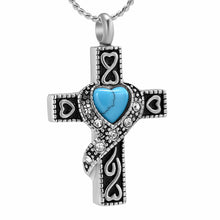 Load image into Gallery viewer, Silver Heart Cross With Turquoise Heart Center Cremation Urn Necklace