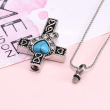 Load image into Gallery viewer, Silver Heart Cross With Turquoise Heart Center Cremation Urn Necklace