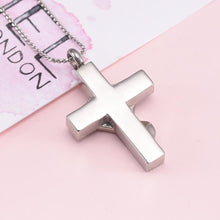 Load image into Gallery viewer, Silver Heart Cross With Turquoise Heart Center Cremation Urn Necklace