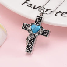 Load image into Gallery viewer, Silver Heart Cross With Turquoise Heart Center Cremation Urn Necklace