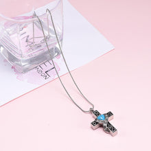 Load image into Gallery viewer, Silver Heart Cross With Turquoise Heart Center Cremation Urn Necklace