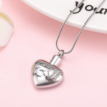 Load image into Gallery viewer, Silver Heart Shaped Cremation Urn Necklace With Angel Wings Engraved "Mother Of An Angel"
