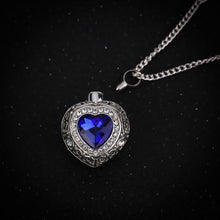 Load image into Gallery viewer, Silver Heart Shaped Cremation Urn Necklace with Rhinestones and Blue Gem