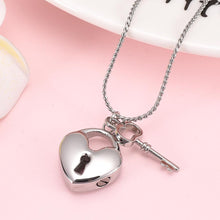 Load image into Gallery viewer, Silver Heart Shaped Lock &amp; Key Charm Cremation Urn Necklace