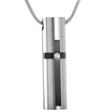 Load image into Gallery viewer, Silver Modern Cross Cylinder Cremation Urn Necklace With Rhinestone