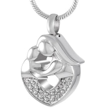 Load image into Gallery viewer, Silver Mother &amp; Child Heart Shaped Cremation Urn Necklace With Rhinestones