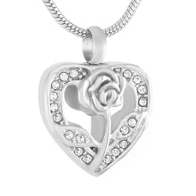 Load image into Gallery viewer, Silver Rhinestone Heart &amp; Rose Flower Cremation Urn Necklace