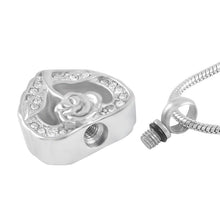 Load image into Gallery viewer, Silver Rhinestone Heart &amp; Rose Flower Cremation Urn Necklace