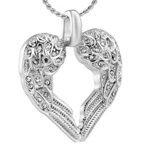 Load image into Gallery viewer, Silver &amp; Rhinestone Heart Shaped Angel Wings Cremation Urn Necklace