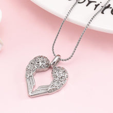 Load image into Gallery viewer, Silver &amp; Rhinestone Heart Shaped Angel Wings Cremation Urn Necklace