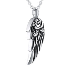 Load image into Gallery viewer, Silver Rose &amp; Angel Wing Cremation Urn Necklace