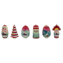 Load image into Gallery viewer, 6 Christmas Tree, Snowman, Santa, Village House, Wooden Doll Christmas Ornaments