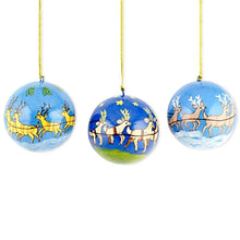 Load image into Gallery viewer, Set of 3 Santa Sleigh and Reindeer Wooden Christmas Ball Ornaments