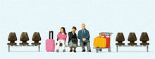 Load image into Gallery viewer, Preiser 10661 HO Scale Waiting Travelers #2 -- 3 Figures, Luggage Cart Seats