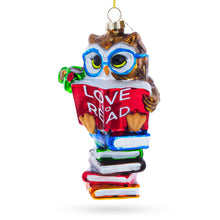 Load image into Gallery viewer, Love to Read Wise Owl with Books Glass Christmas Ornament