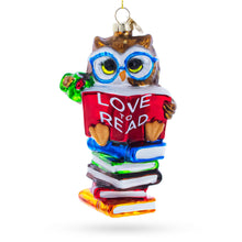 Load image into Gallery viewer, Love to Read Wise Owl with Books Glass Christmas Ornament