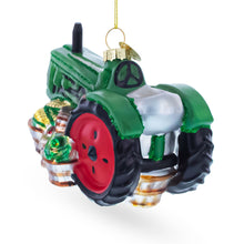 Load image into Gallery viewer, Green Tractor with Crop Barrels Glass Christmas Ornament