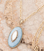 Load image into Gallery viewer, Blue Denim Dreams White Mother of Pearl Golden Pendant Necklace