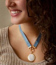 Load image into Gallery viewer, Blue Denim Dreams White Mother of Pearl Ribbon Golden Pendant Necklace